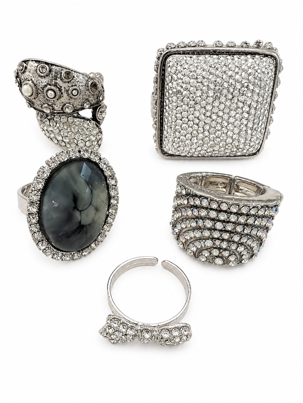 Vintage Lot of 5 Silver Tone Statement Rings | Rhinestone & Adjustable Jewelry